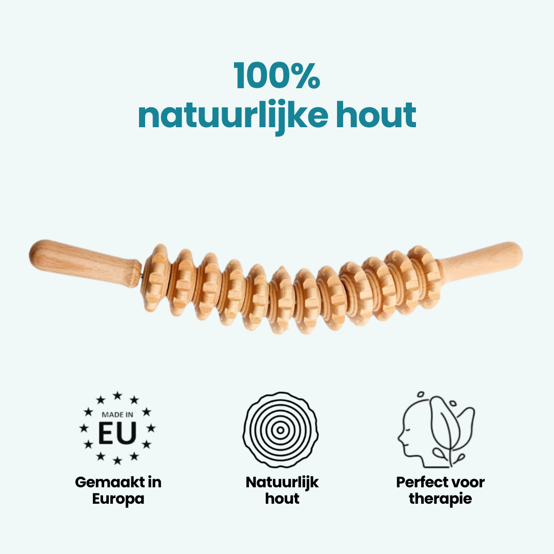 Hormonale massage roller van 100% natuurlijk hout, gemaakt in Europa en geschikt voor therapeutische toepassingen.
