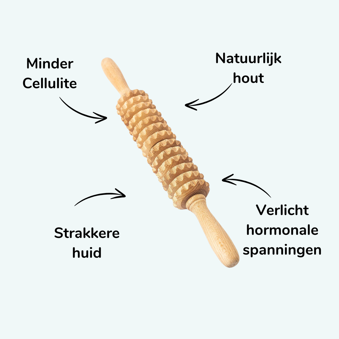 Houten anti-cellulite massage roller met voordelen zoals strakkere huid, minder cellulite en natuurlijke verlichting van hormonale spanningen.