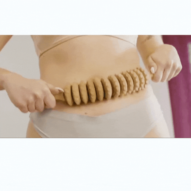 GIF-animatie van houten hormonale roller in actie op de buik, stimuleert doorbloeding en vermindert spanning.